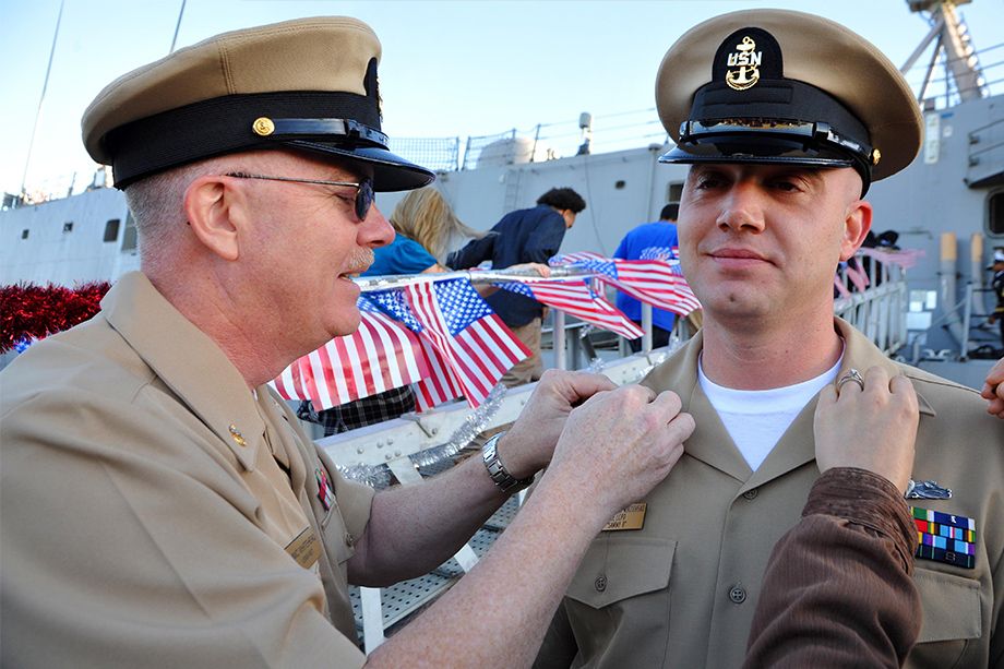 James Whitehead pinned as chief by his father, retired Chief Machinist's Mate Jeff Whitehead